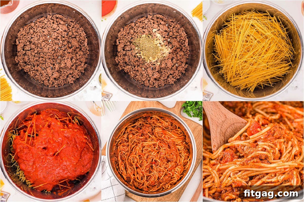 One Pot Instant Pot Spaghetti 5 A six-panel photo collage illustrates the step-by-step process of making Instant Pot Spaghetti, from browning the meat and layering ingredients to the final stir and serving, offering clear visual guidance.