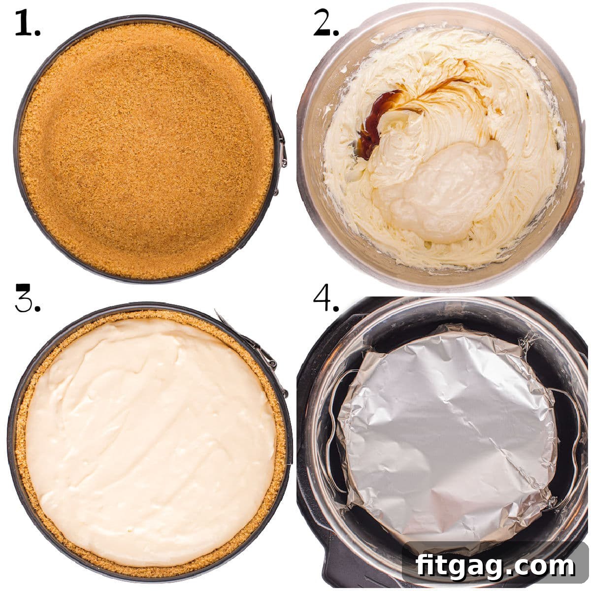 four image collage showing how to assemble and cook a cheesecake in an instant pot.