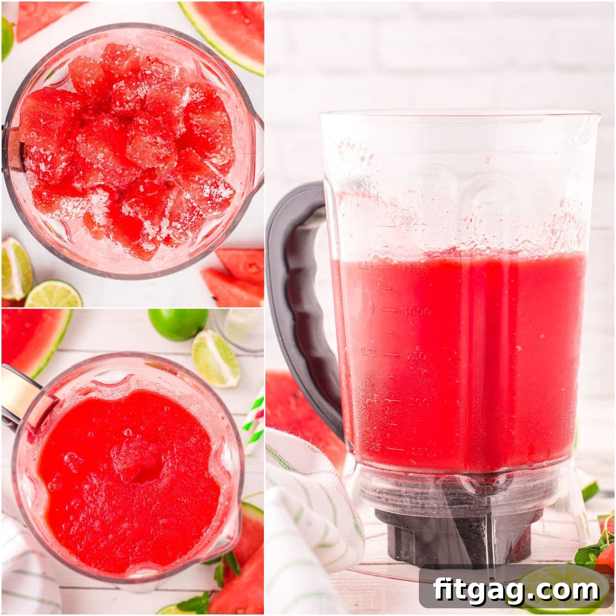 A three-image collage visually demonstrating the steps to make a watermelon slushie: freezing cubes, blending ingredients, and serving.