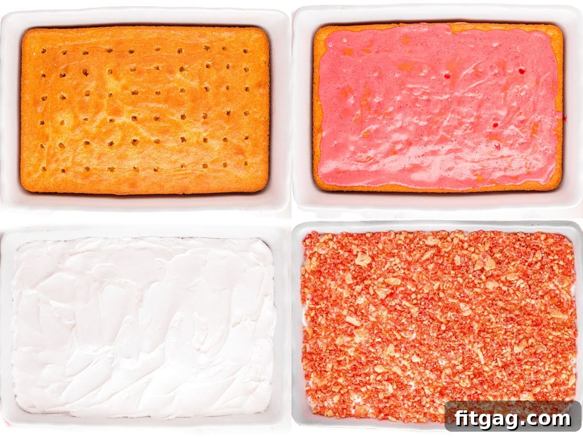 four image collage showing how to make a strawberry poke cake with crunch topping.