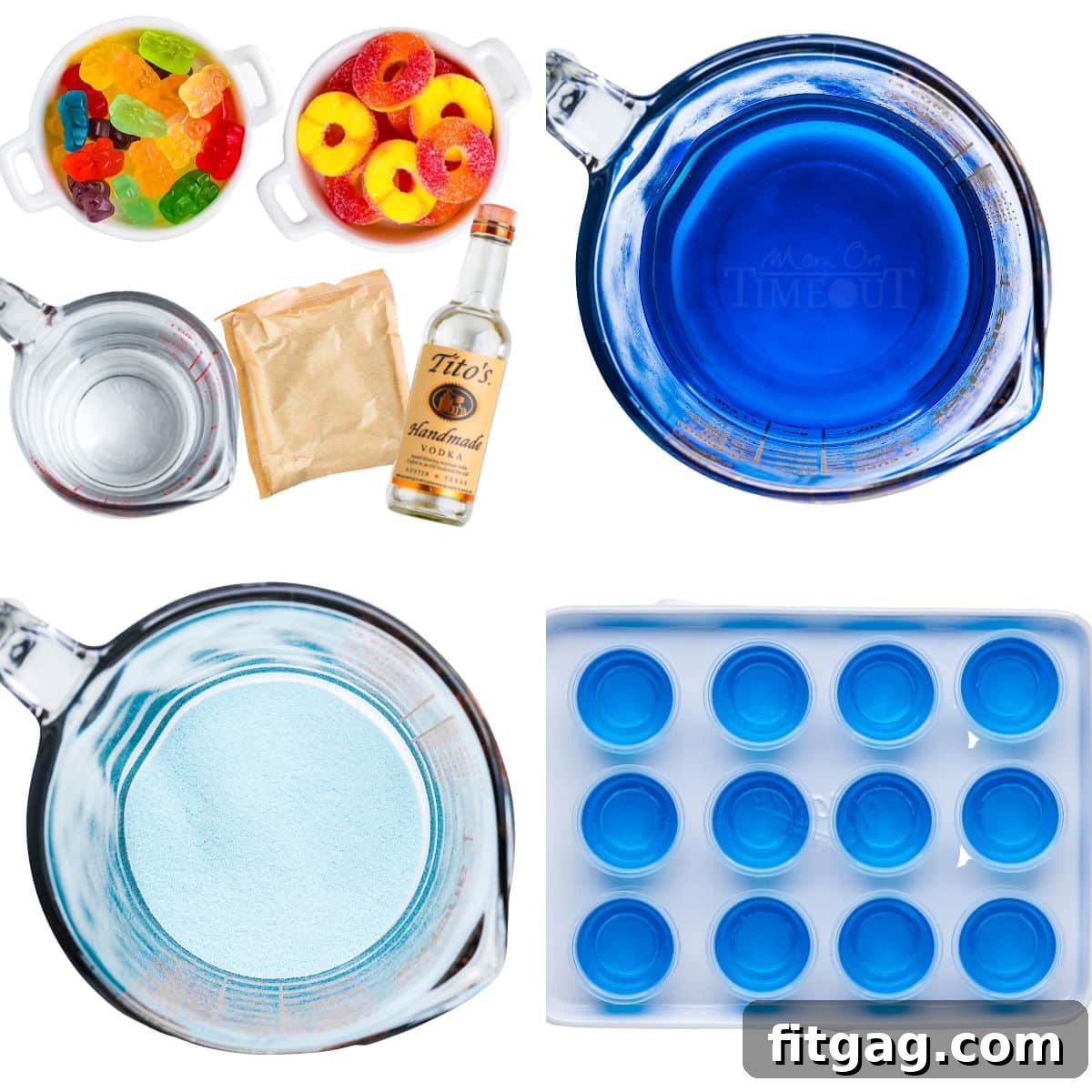 Poolside Jell-O Jiggle 4 A four-image collage demonstrating the step-by-step process of making pool party jello shots, from mixing ingredients to final assembly.