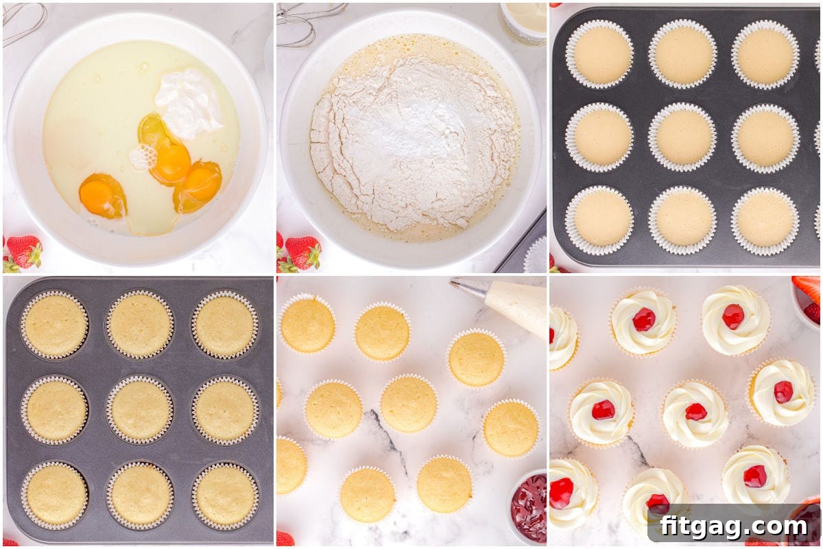 A six-image collage illustrating the step-by-step process of making strawberry shortcake cupcakes, from mixing batter to final garnish.