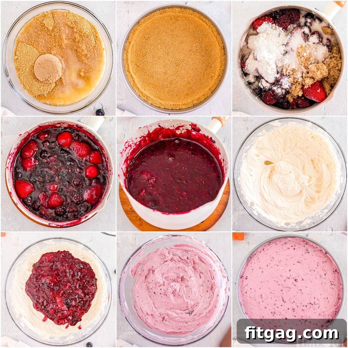 A nine-image collage demonstrating the step-by-step process of making the graham cracker crust, berry compote, and creamy filling for a No Bake Berry Cheesecake.