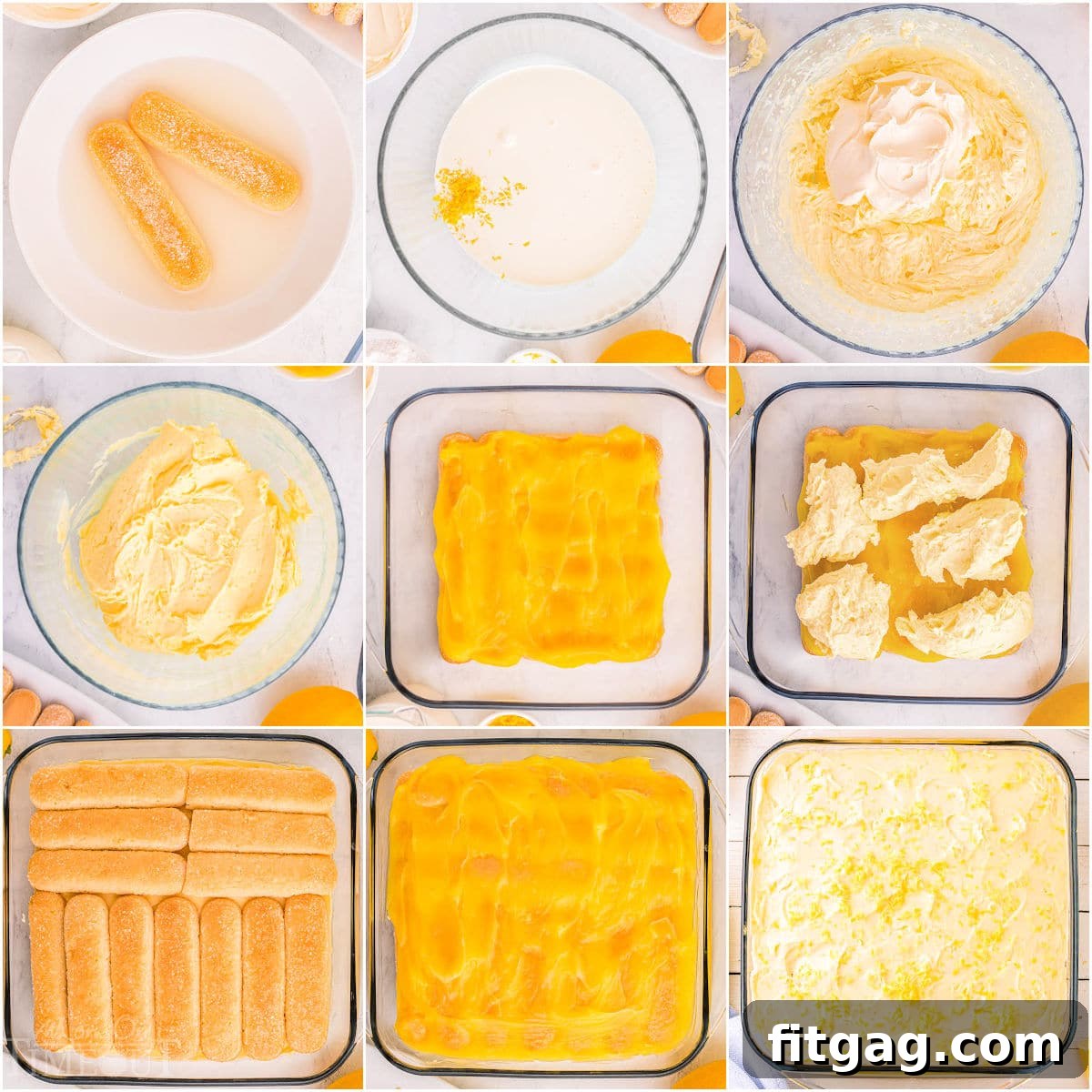 A nine-image collage illustrating the step-by-step process of preparing and assembling the Lemon Tiramisu dessert.