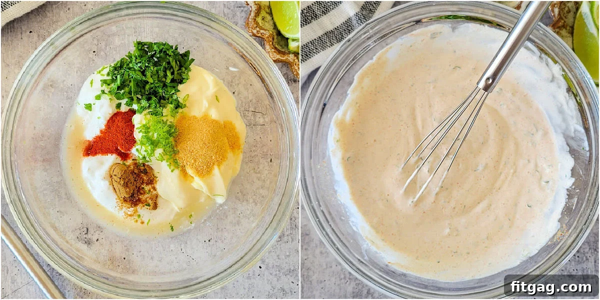 A two-image collage illustrating the simple steps to create the perfect fish taco sauce. The first image shows all the sauce ingredients gathered in a bowl, while the second image captures the creamy, whisked sauce, ready for chilling.