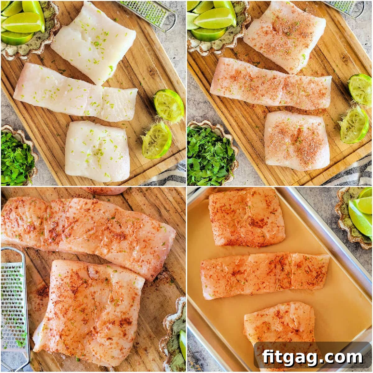 A four-image collage showcasing the various stages of preparing fish for tacos. Images include fish being seasoned with lime and spices, cooking on a grill, and a close-up of perfectly cooked, flaky fish.