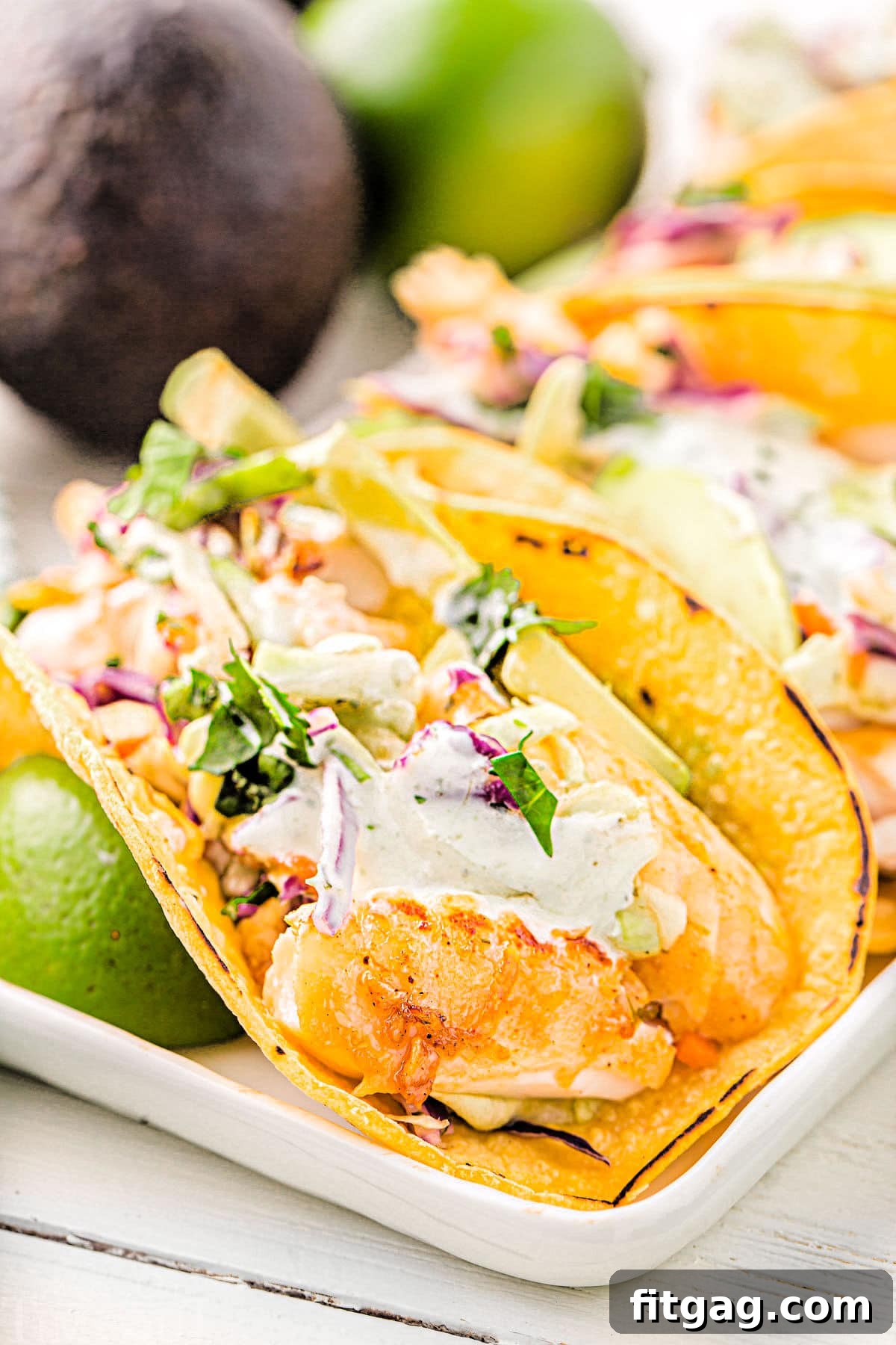 A stunning close-up of three fish tacos presented on a white platter, beautifully garnished with a drizzle of creamy fish taco sauce and a scattering of fresh cilantro. Bright lime wedges add a final touch of color and zest.