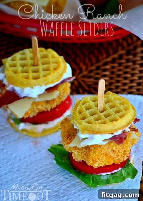 A close-up of a Chicken Ranch Waffle Slider showing the layered ingredients and fluffy waffles