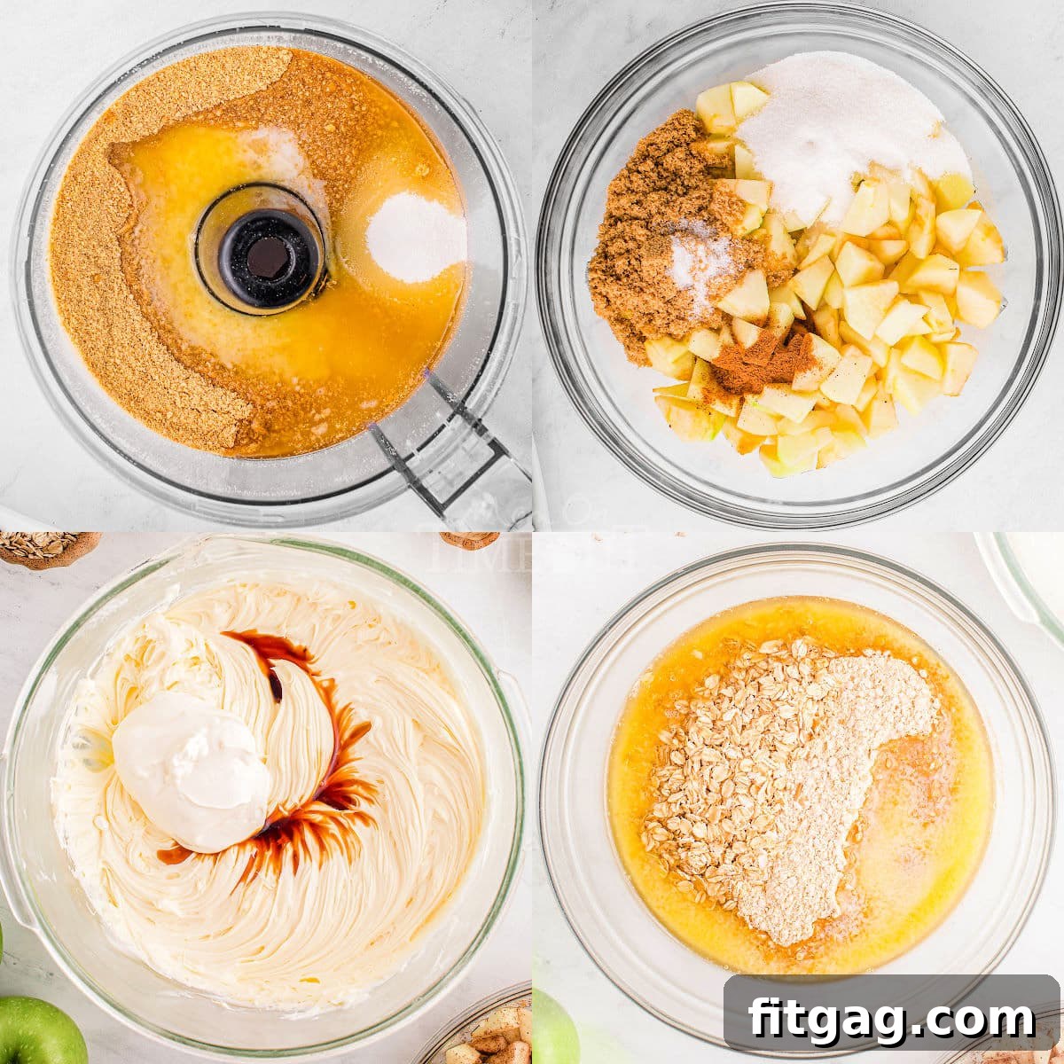 A four-image collage showing the preparation steps for apple cheesecake bars. Each image focuses on a different layer: crushing graham crackers for the crust, mixing spiced apples, blending the creamy cheesecake filling, and combining ingredients for the crumb topping.