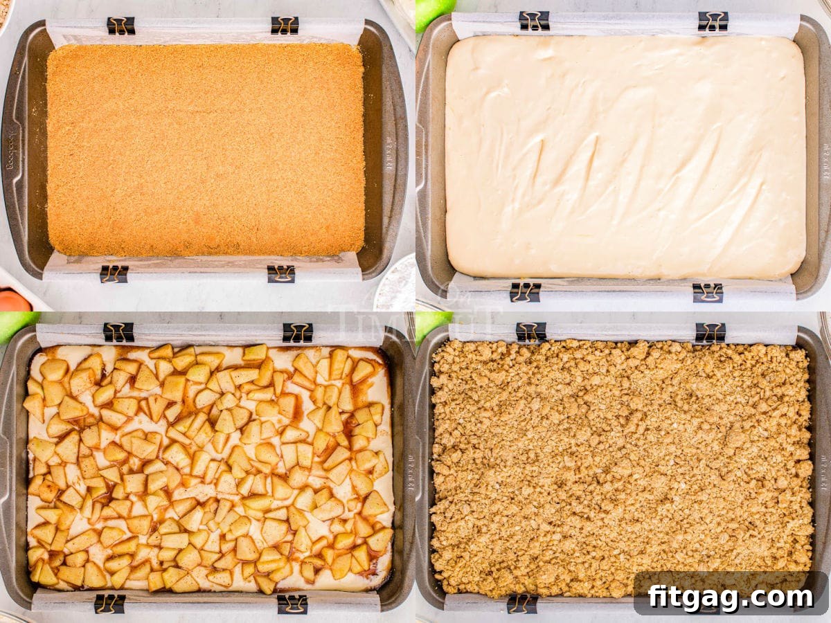 A four-image collage illustrating the assembly process of caramel apple cheesecake bars. Each photo shows a different layer being added: cheesecake over crust, apples over cheesecake, and crumb topping over apples, culminating in the fully assembled raw bars.