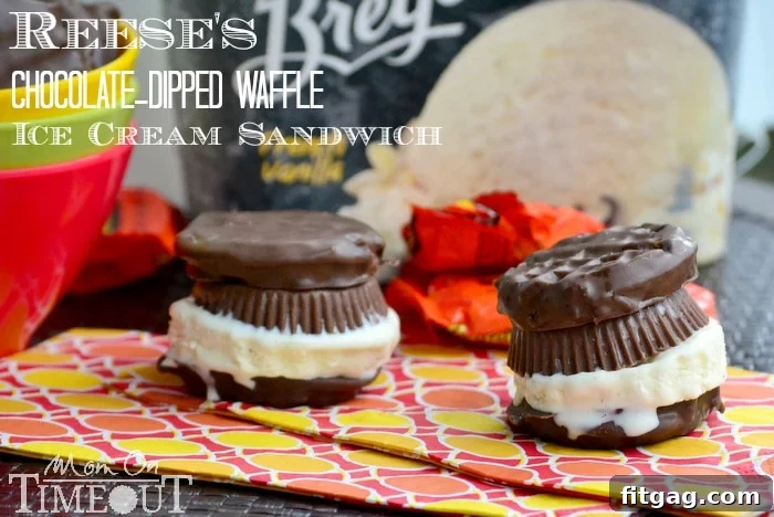 Close-up of a Reese's Chocolate Dipped Waffle Ice Cream Sandwich with creamy filling.