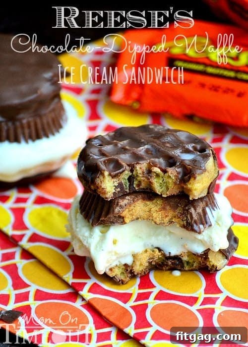 A person holding a Reese's Chocolate Dipped Waffle Ice Cream Sandwich, showcasing its delicious layers.