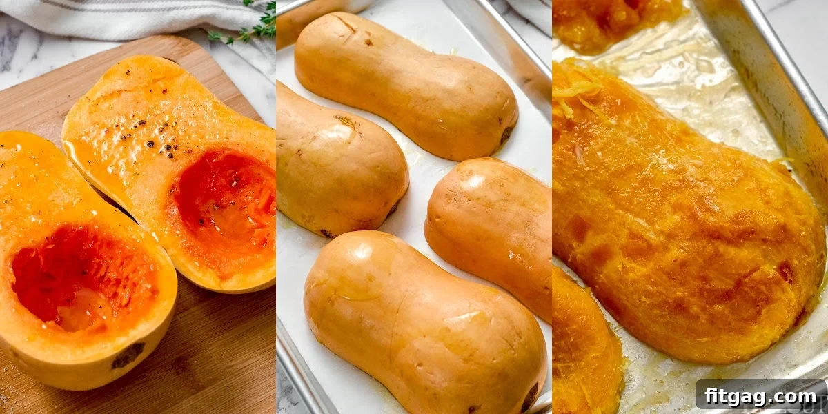 A three-image collage visually demonstrating the process of roasting butternut squash: from being halved, seasoned and placed on a baking sheet, to its final perfectly roasted, golden-brown state.