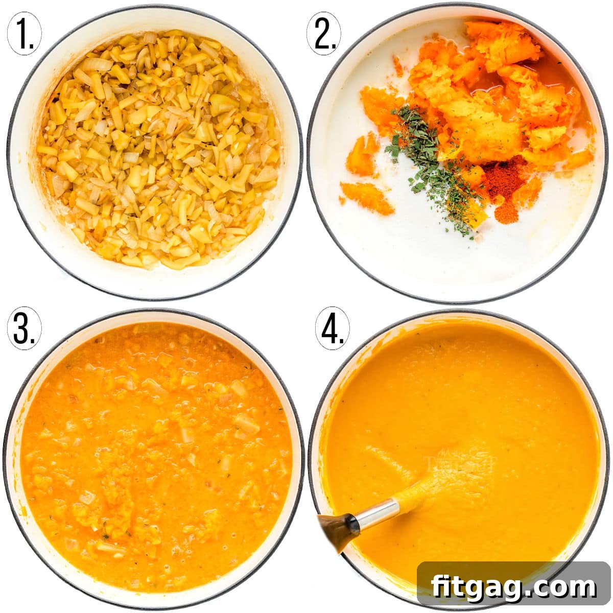 A four-image collage visually depicting the step-by-step process of preparing roasted butternut squash soup, from the initial roasting of the squash to its final smooth, blended consistency.