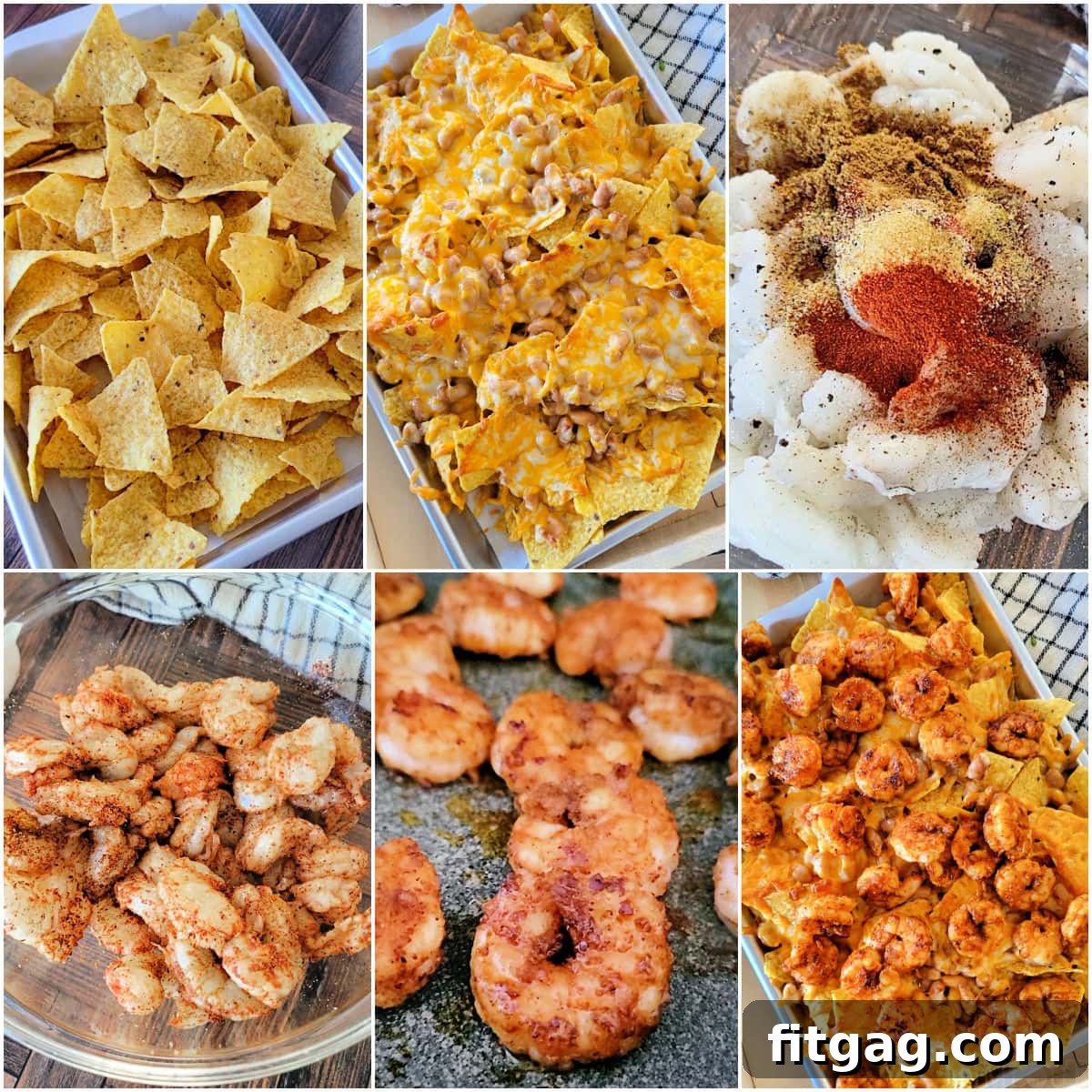 Fiesta Shrimp Crunch 4 A six-image collage illustrating the step-by-step process of making shrimp nachos, from seasoning the raw shrimp to layering the ingredients on a baking sheet and finally, the finished, loaded dish.