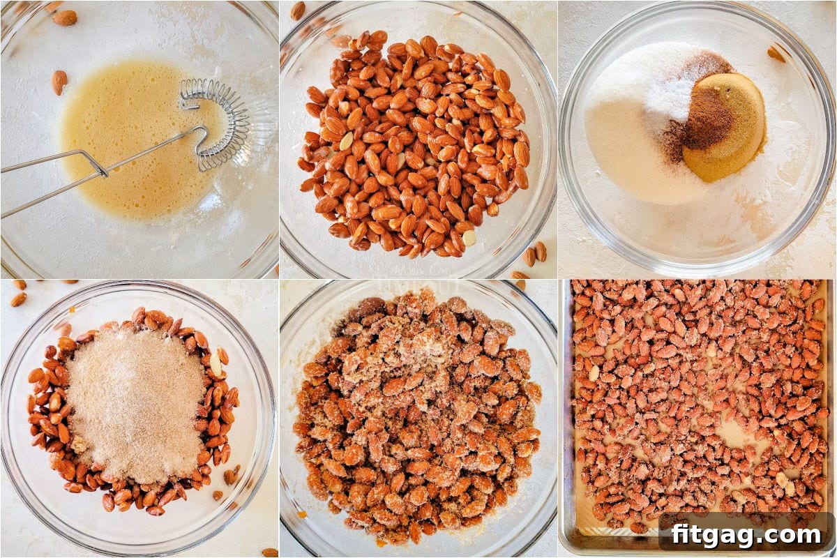 Glazed Almond Delights 4 six image collage showing how to make candied almond step by step from an overhead perspective.