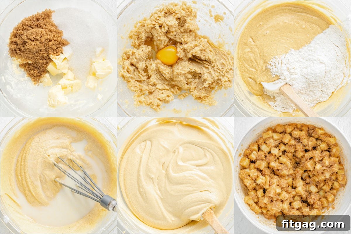 Autumn Apple Coffee Delight 5 six image collage showing step by step how to make apple coffee cake.