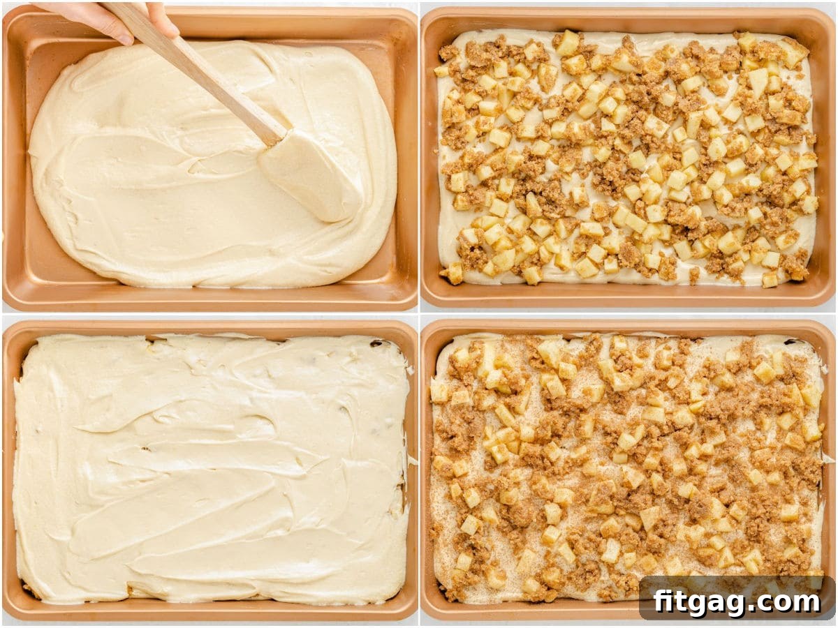Autumn Apple Coffee Delight 6 four image collage showing apple coffee cake recipe assembly.