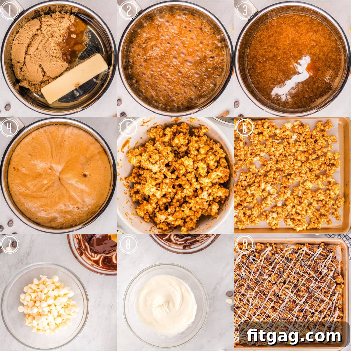 A nine-image collage demonstrating the step-by-step process of making Zebra Popcorn, from popping corn to drizzling chocolate.