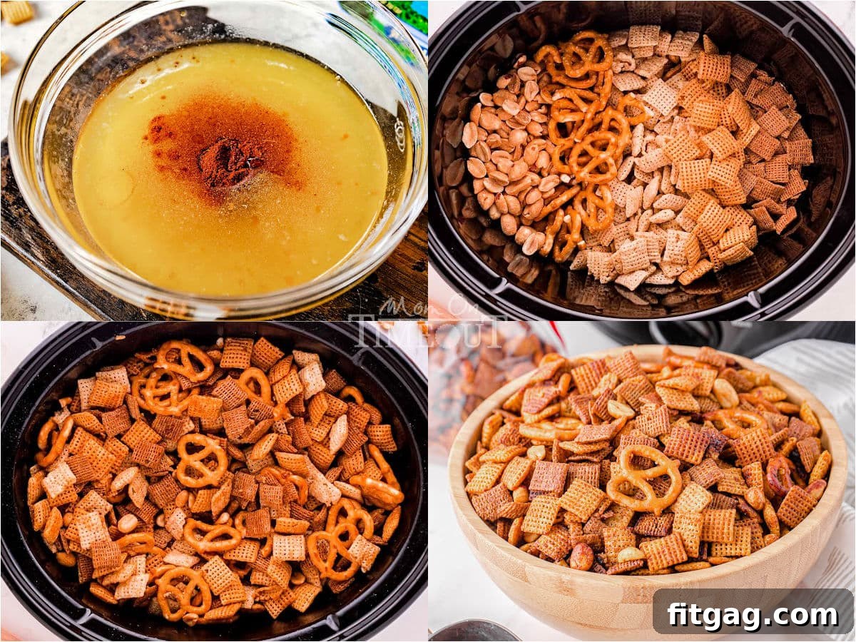 Slow Cooker Chex Mix Perfection 4 A four-image collage demonstrating the step-by-step process of making Crockpot Chex Mix, from combining ingredients to stirring and final cooling on a baking sheet.