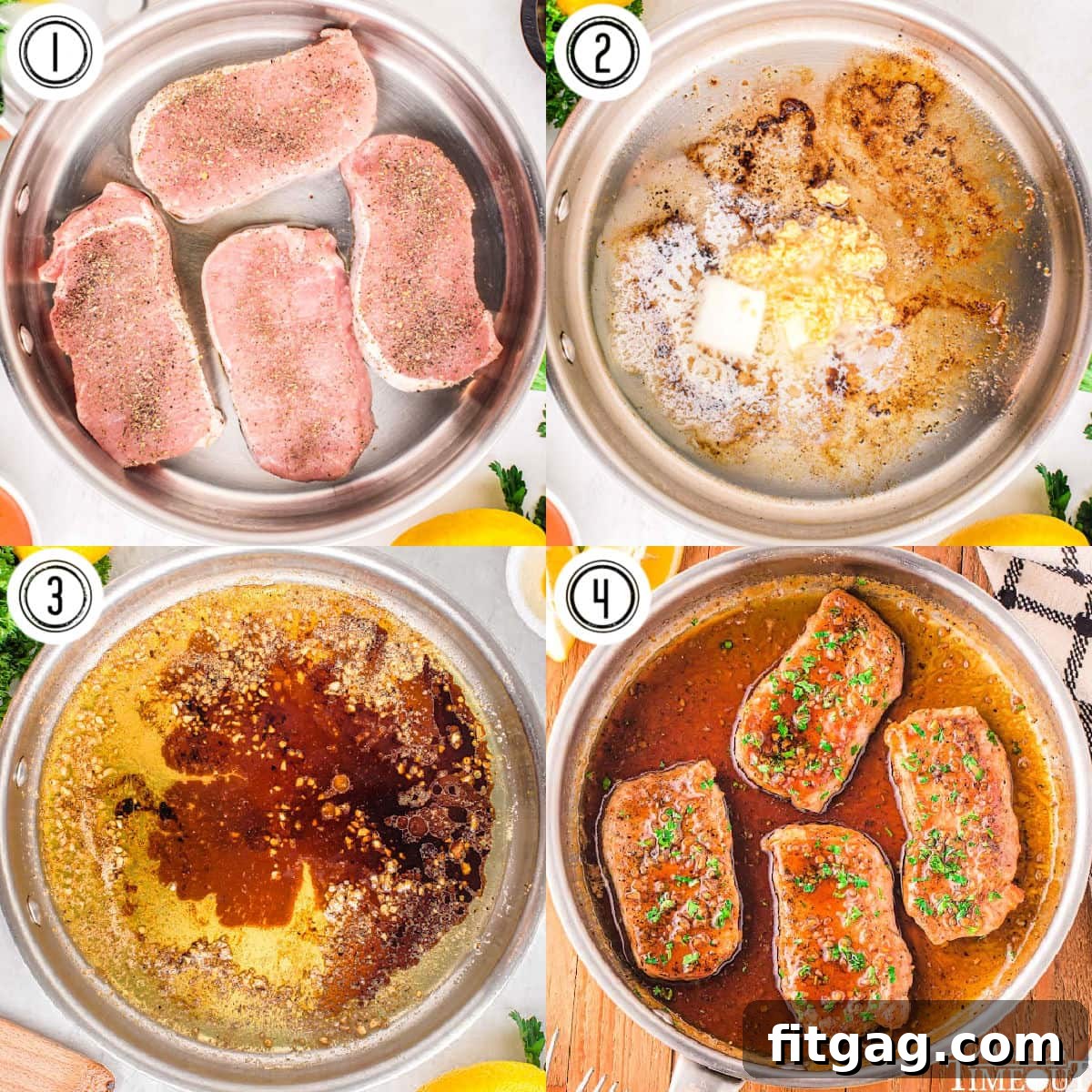 A four-image collage demonstrating the step-by-step process of making honey garlic pork chops in a skillet, from searing to glazing.