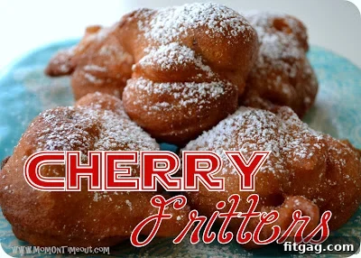 A bowl of fresh cherries and other ingredients laid out for making fritters
