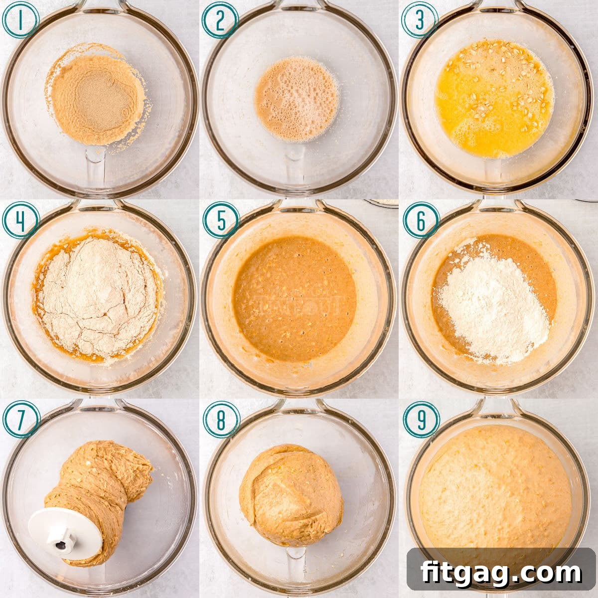 Wholesome Wheat Loaf 4 A nine-image collage illustrating the step-by-step process of making whole wheat bread dough in a glass bowl.