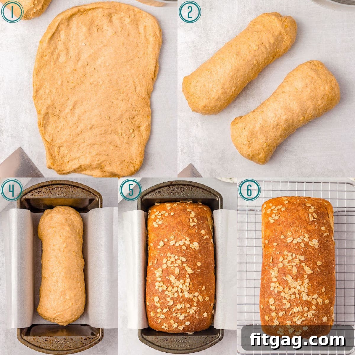 Wholesome Wheat Loaf 5 A five-image collage illustrating the process of shaping and baking two loaves of homemade whole wheat bread, from rolling out the dough to the finished golden loaves.