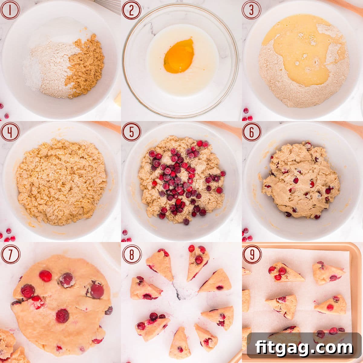 Tangy Cranberry Scones 3 nine image collage showing how to make cranberry scones step by step