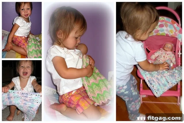 Toddler enjoying her new crochet doll blankets