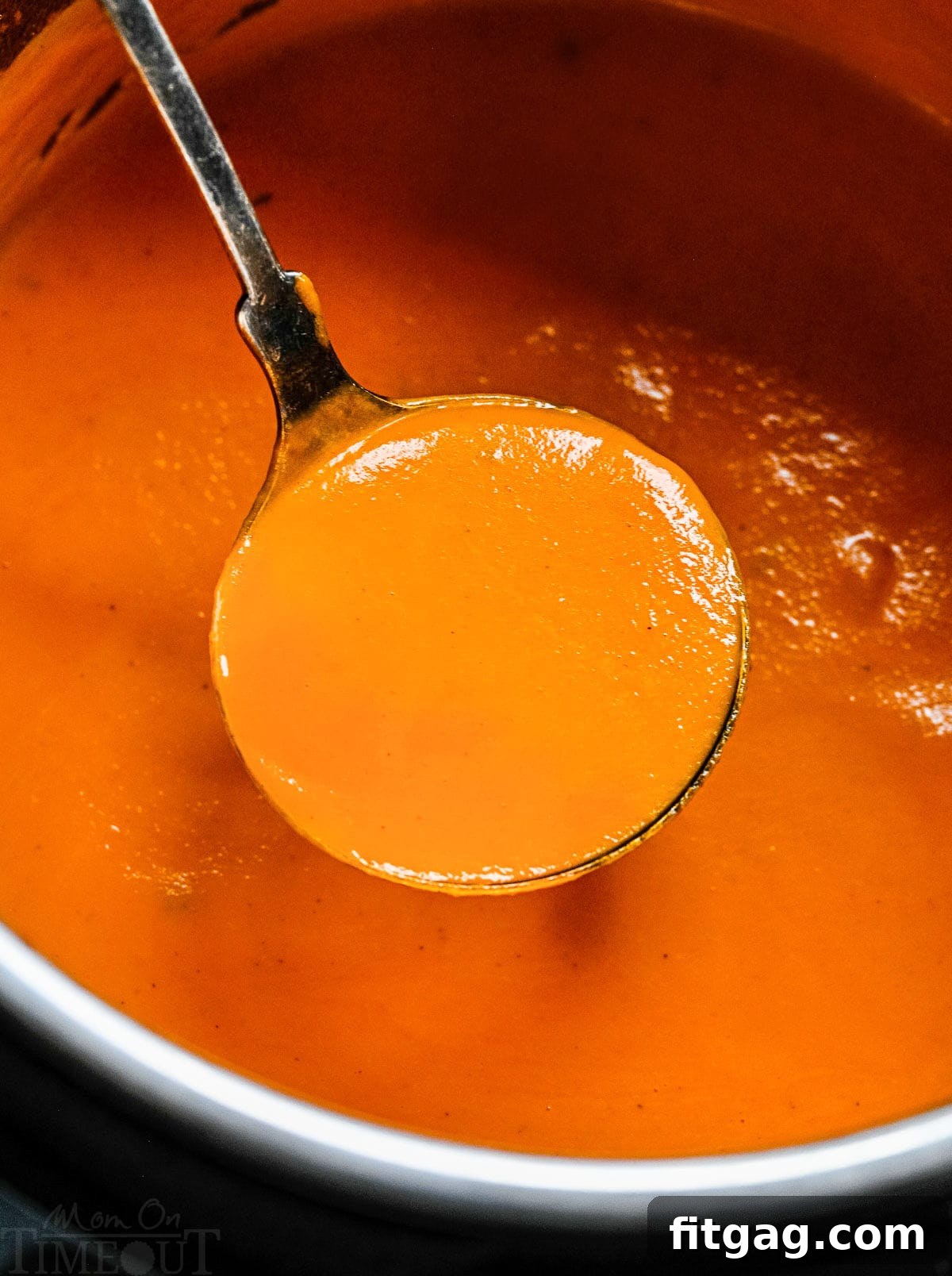 An Instant Pot filled with vibrant red tomato soup, with a ladle lifting out a generous portion.