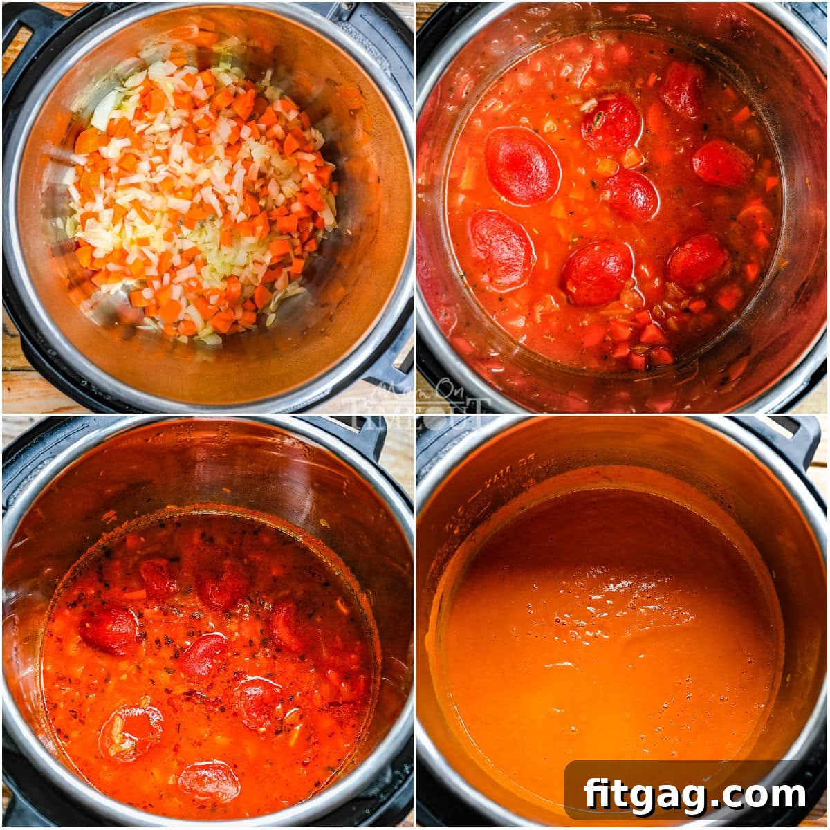 A four-image collage demonstrating the step-by-step process of making tomato soup in an Instant Pot: sautéing vegetables, adding ingredients, pressure cooking, and blending.
