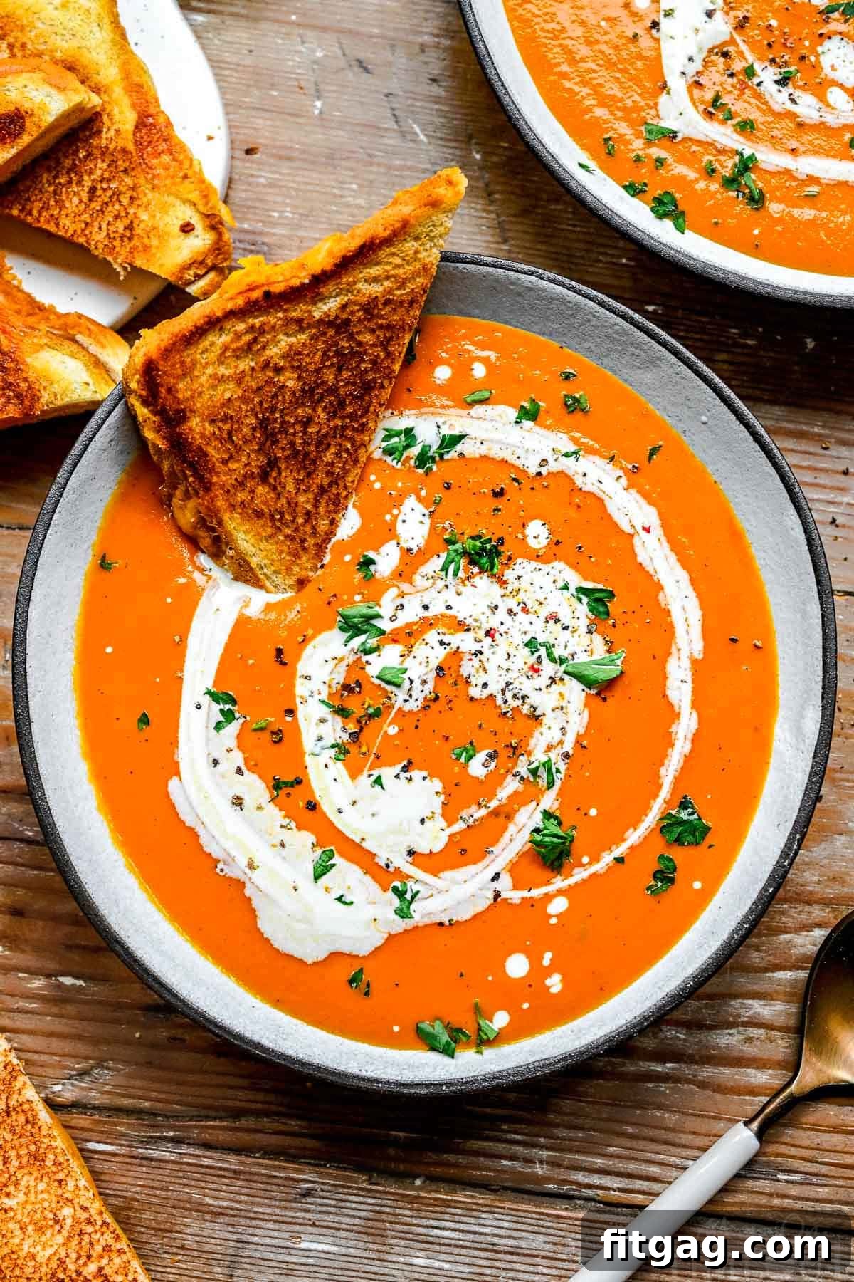 A top-down view of a comforting bowl of Instant Pot Tomato Soup, elegantly garnished with a swirl of heavy cream, fresh basil leaves, and a sprinkle of black pepper, with half a grilled cheese sandwich perfectly dipped in it.