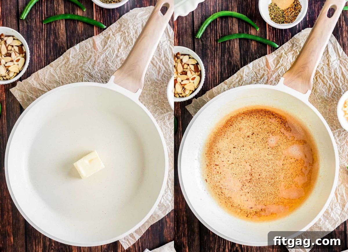 Two-image collage demonstrating the process of browning butter in a white skillet, showing the progression from melted to golden brown.