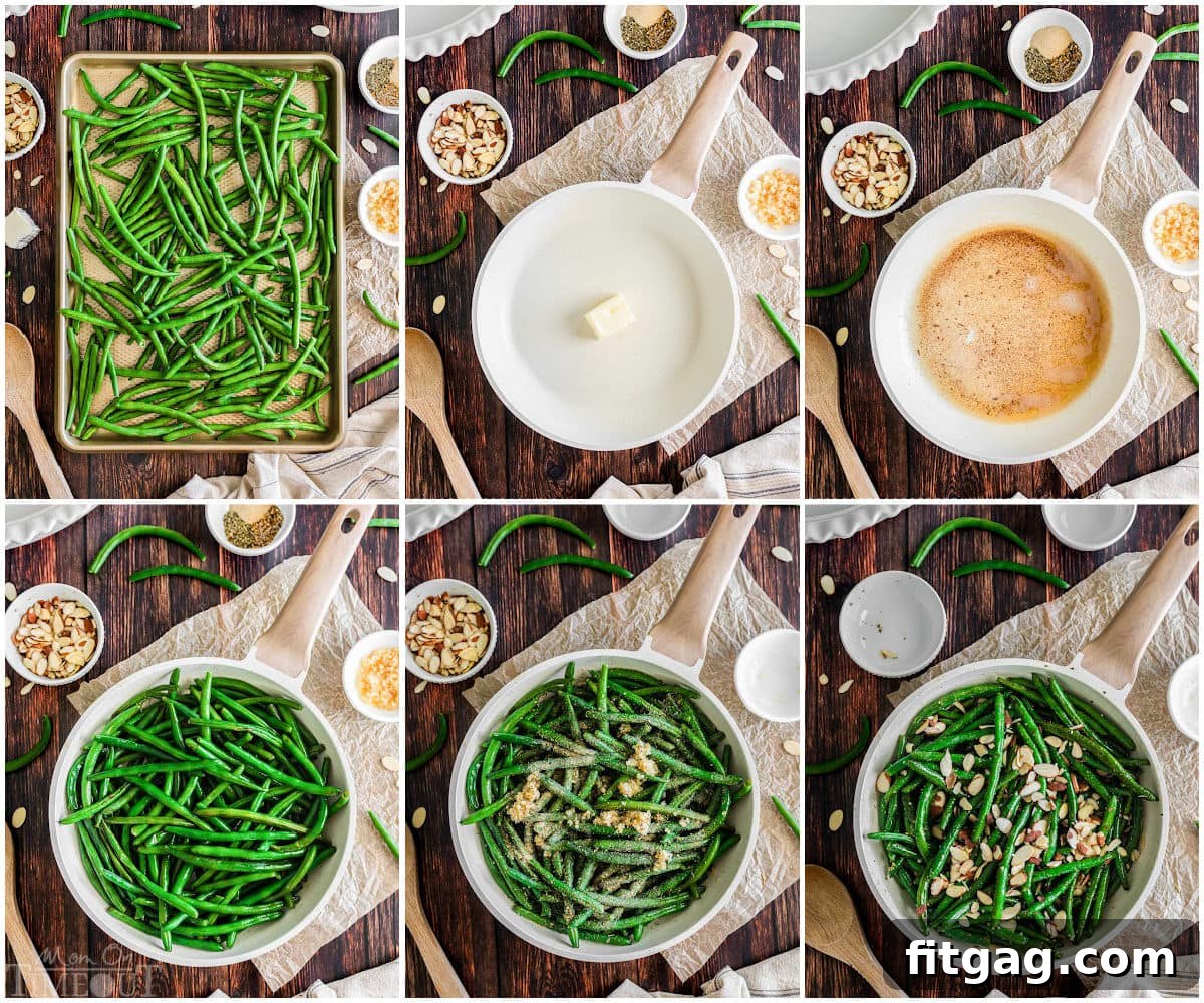Six-image collage demonstrating the step-by-step process of making garlic green beans, from prepping to serving.