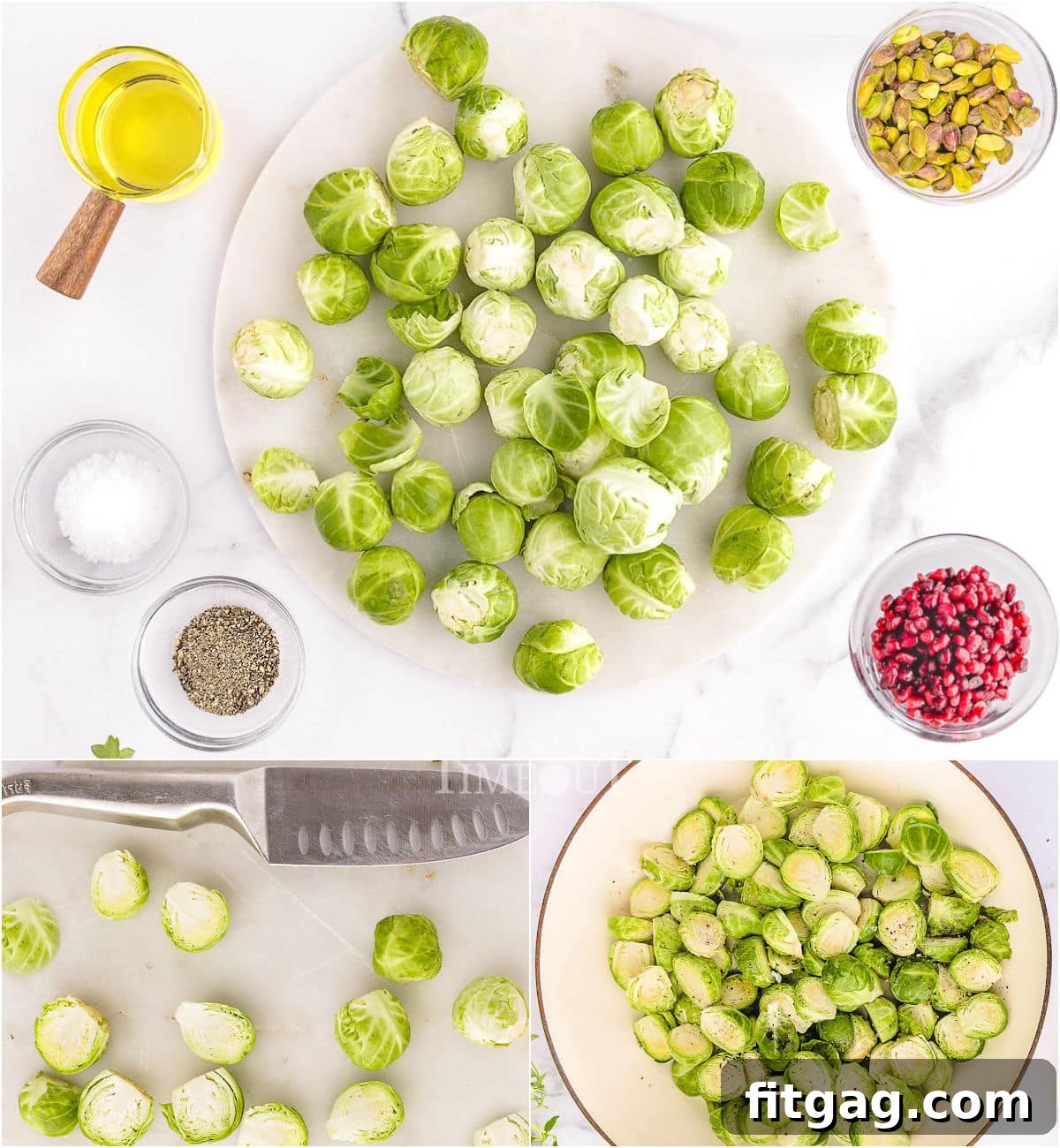 Caramelized Roasted Brussels Sprouts 5 three image collage showing how to roast brussels sprouts step by step.