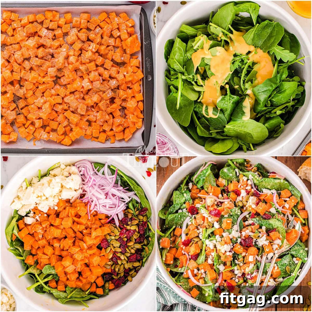 A four-image collage illustrating the step-by-step process of assembling the sweet potato salad, from roasting to final toss.