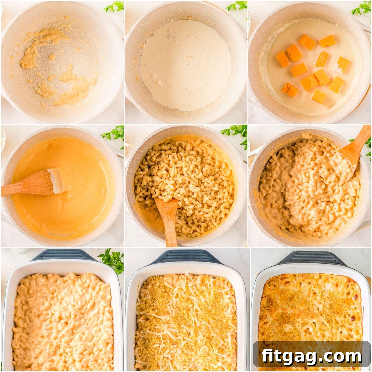 Liquid Gold Mac 4 nine image collage showing how to make velveeta mac and cheese with step by step photos.