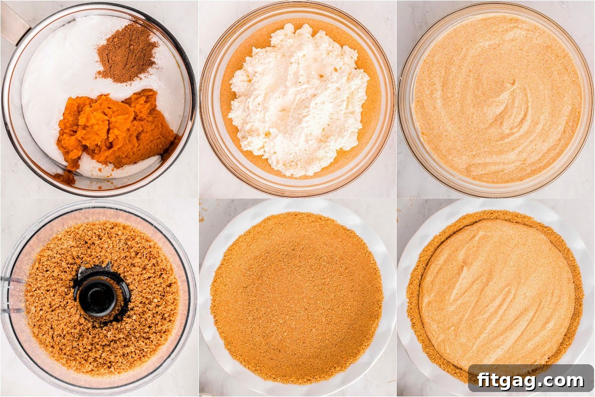 Effortless Pumpkin Pie 5 A captivating six-image collage, meticulously detailing the step-by-step creation of a no-bake pumpkin pie through clear, illustrative photographs. Each image guides the viewer through the effortless process, from ingredient preparation to final assembly.