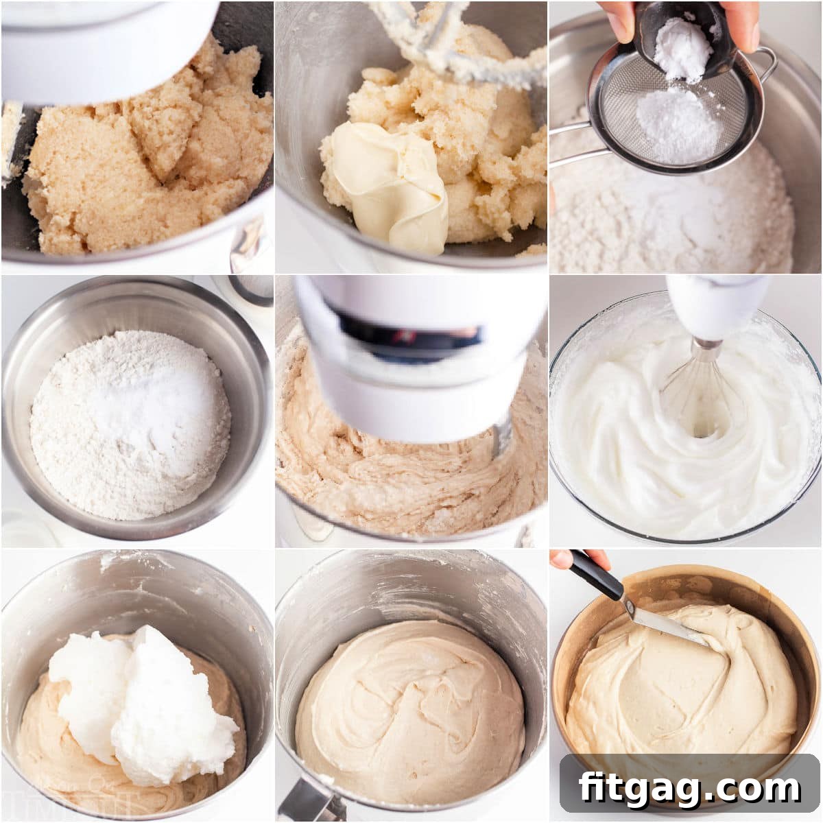 Frosted Peppermint Indulgence 5 A nine-image collage demonstrating the step-by-step process of baking a Peppermint Cake, from mixing ingredients to cooling the layers, providing a clear visual guide.
