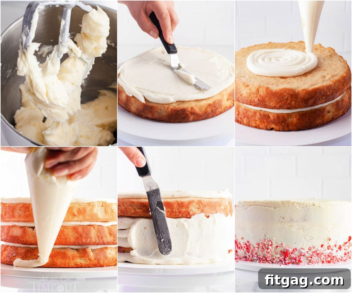 Frosted Peppermint Indulgence 6 A six-image collage illustrating the assembly and frosting process of a layered Peppermint Cake, topped with creamy peppermint frosting and garnished with candy canes, ready for holiday celebrations.