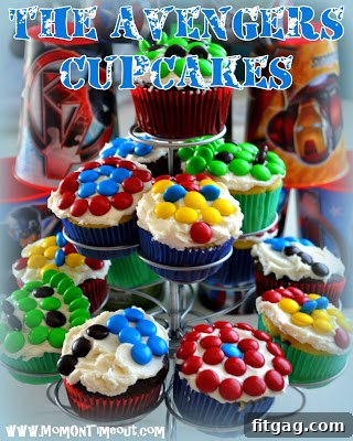 Heroic Cupcakes 2 Homemade Captain America, Thor, Iron Man, and Hulk Avengers cupcakes decorated with M&Ms.