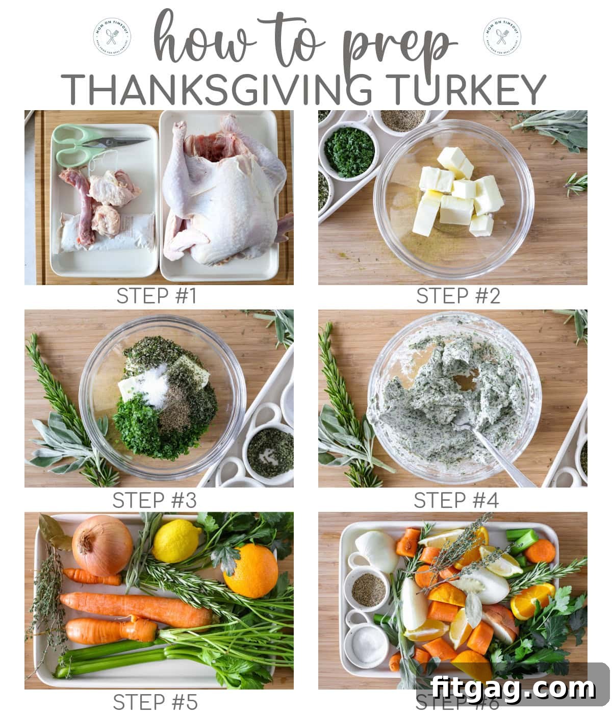 Unlock the Juiciest Thanksgiving Turkey 5 Hot to prep a Thanksgiving turkey collage showing step by step process shots.