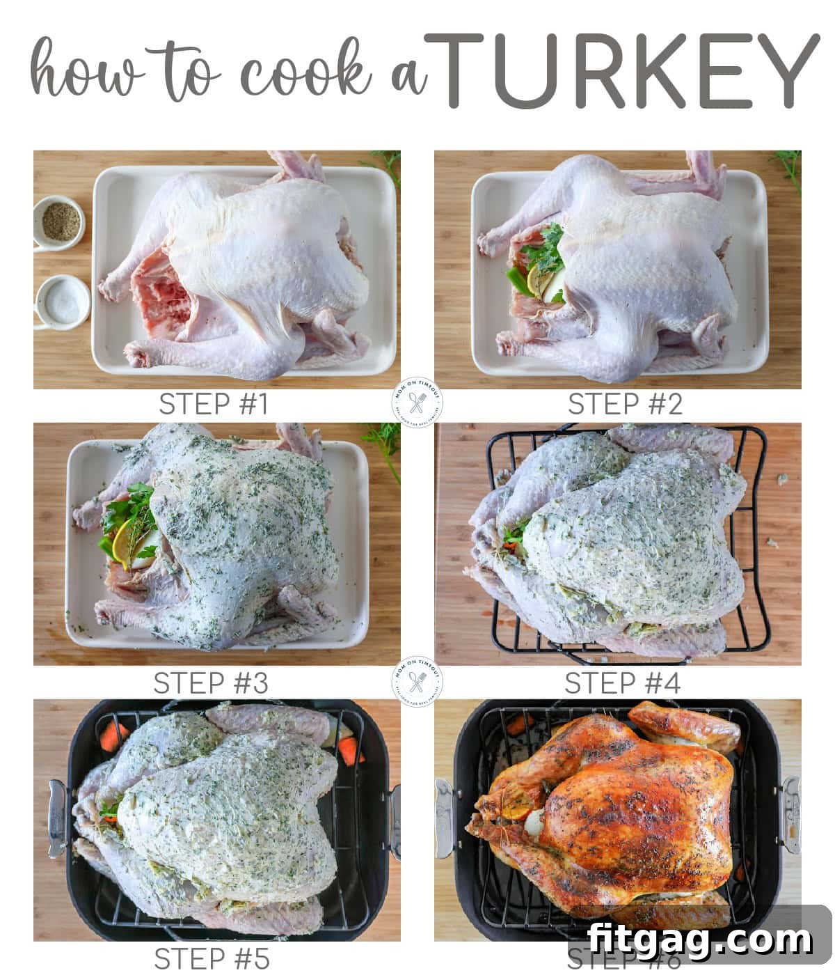 Unlock the Juiciest Thanksgiving Turkey 6 Six image collage showing how to cook a turkey with step by step process shots.