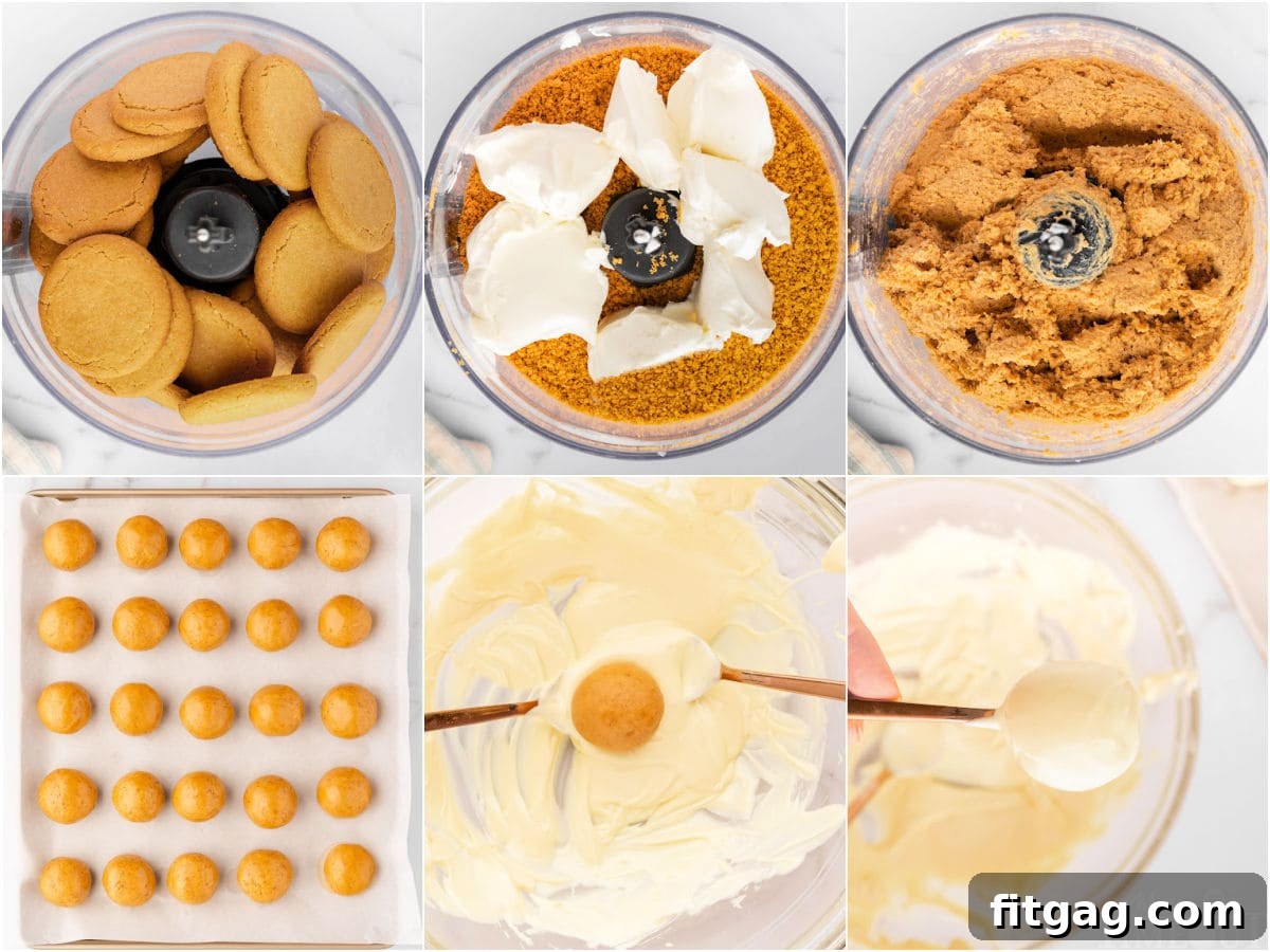 A six-image collage illustrating the easy step-by-step process of making three-ingredient gingerbread truffles, from crushing cookies to dipping in chocolate.