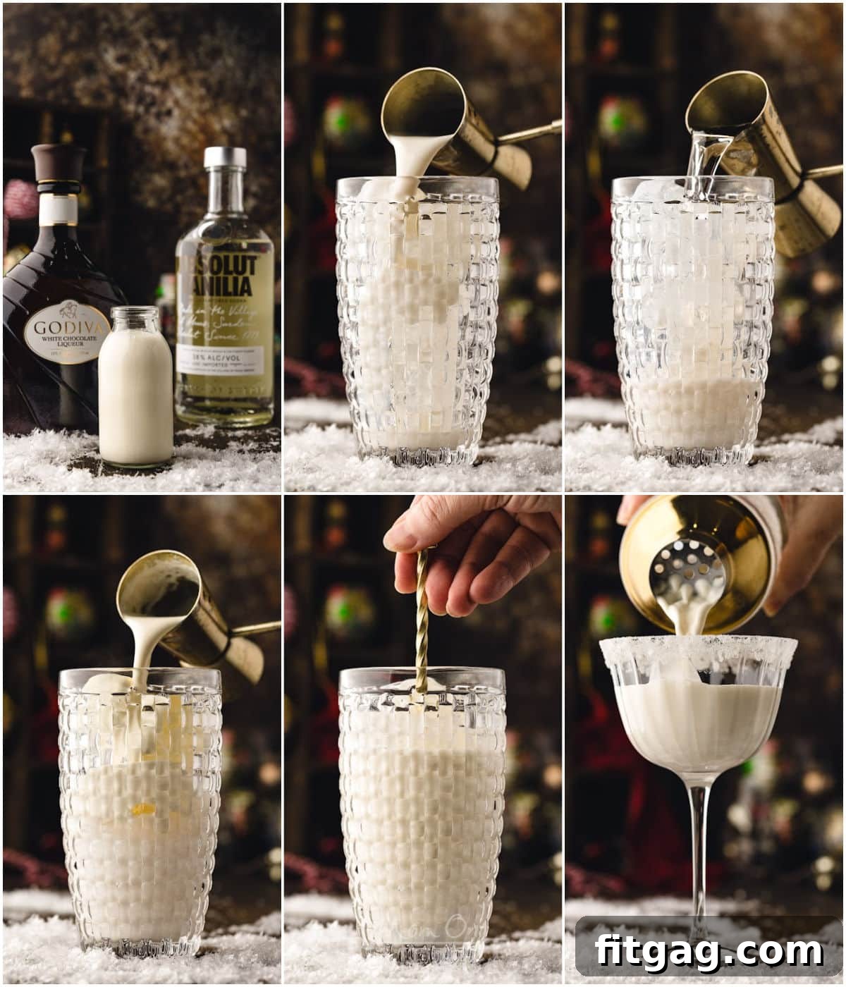 A six-image collage visually demonstrating the step-by-step process of how to expertly make a white chocolate martini, from preparing ingredients to the final pour.