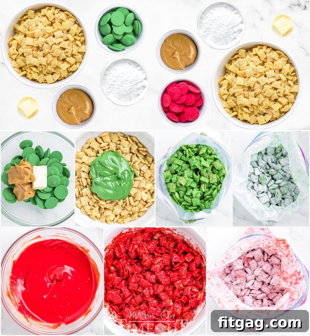 Holiday Crunch Mix 5 An eight-image collage illustrating the step-by-step process of making Christmas Puppy Chow, from ingredients to the final coated cereal, providing a clear visual guide.