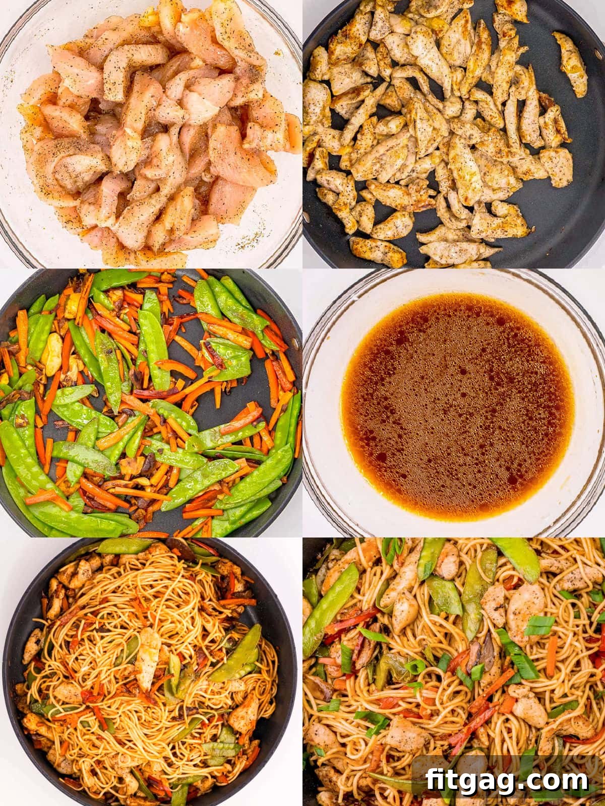 A six-image collage illustrating the step-by-step process of making chicken lo mein at home, from preparing ingredients to the final stir-fry.