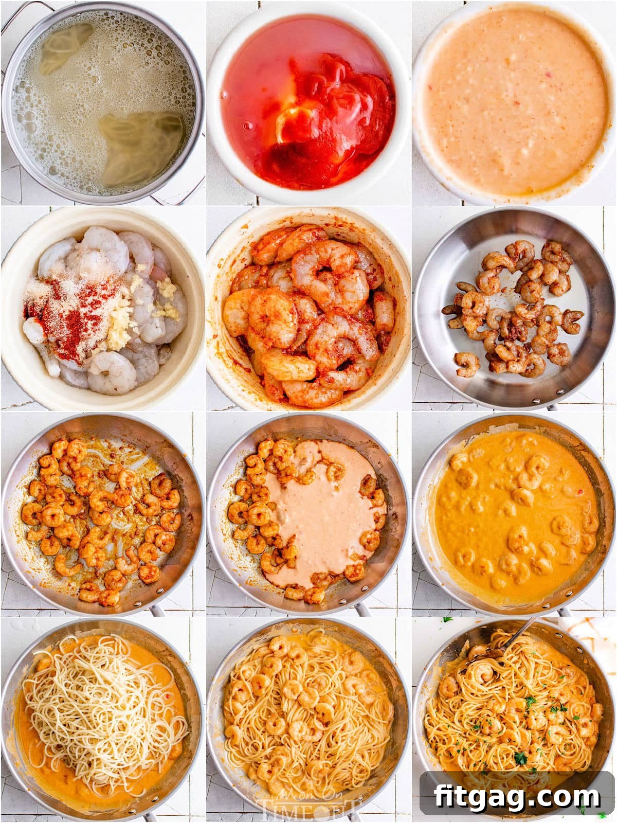 Creamy Bang Bang Shrimp Pasta 4 twelve image collage showing how to make bang bang shrimp pasta step by step.