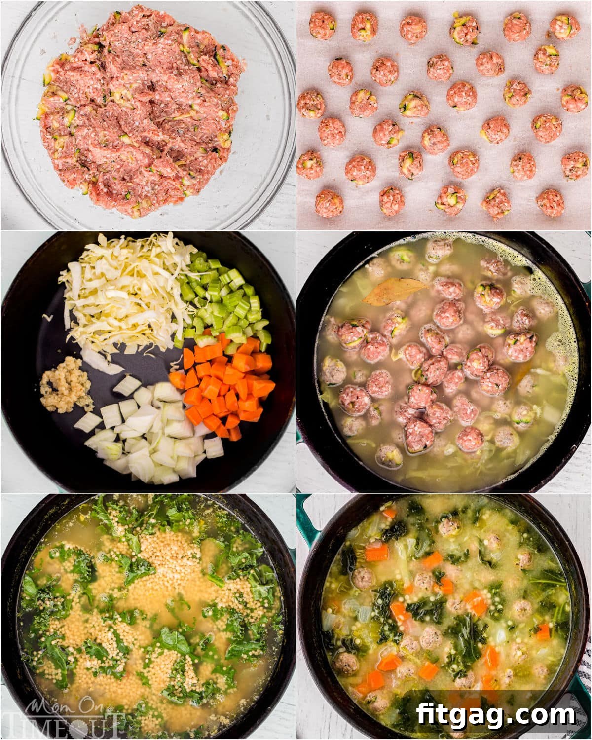 Italian Union Soup 4 six image collage showing step by step how to make Italian Wedding Soup recipe.